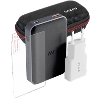 Accesorios Vasco que incluyen un protector de pantalla de cristal templado, un cargador portátil, un cargador y una funda protectora para el traductor.