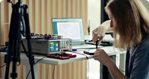 Una persona con el pelo largo y rubio está concentrada en reparar o montar un pequeño dispositivo electrónico en una mesa de laboratorio blanca. Está utilizando una herramienta de precisión sobre un componente, sentada junto a una fuente de alimentación digital de laboratorio con una pantalla azul luminosa. Al fondo, un ordenador portátil abierto muestra diagramas técnicos o código, y en primer plano, a la izquierda, se ve un trípode de cámara. El escenario es un espacio de trabajo muy iluminado con paneles de madera modernos con listones en las paredes. 